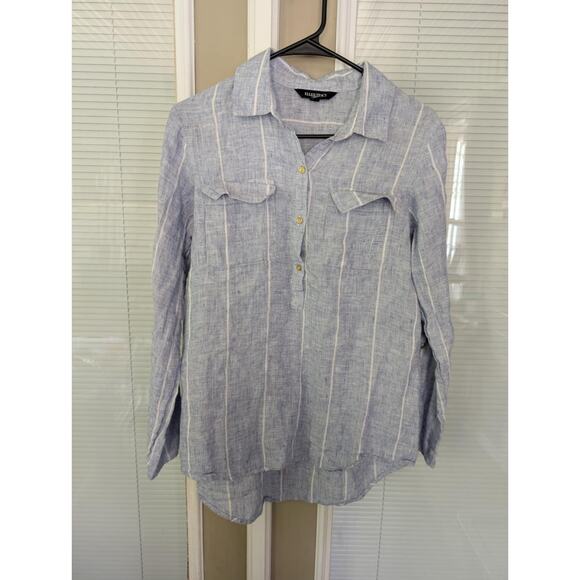 Ellen Tracy 100% Linen Top Womens M Pockets Roll Tab Sleeve Blue Button Shirt - Picture 1 of 12